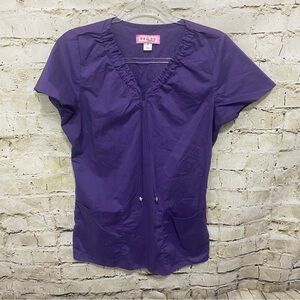Koi Purple V Neck Ruffle Tassel Scrub Top